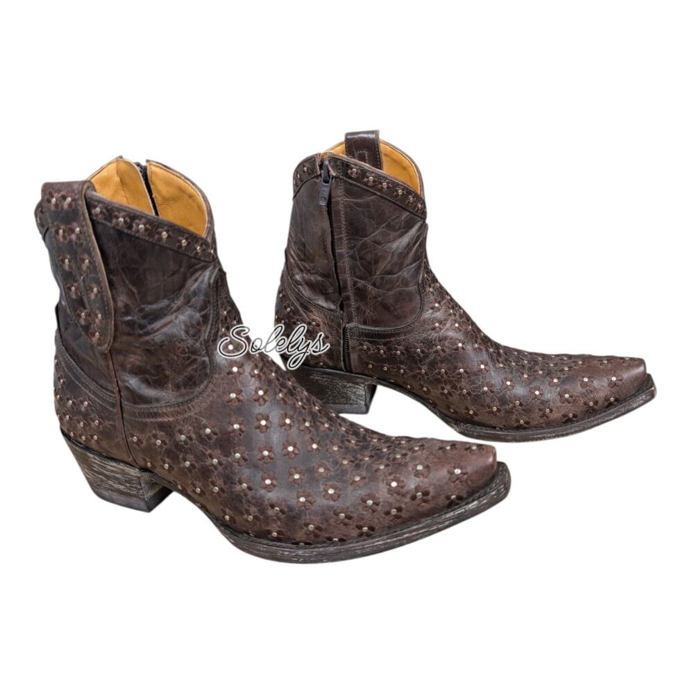 Old Gringo Rare Floral Perforated Studded Brown Leather Western Ankle Bootie 7.5